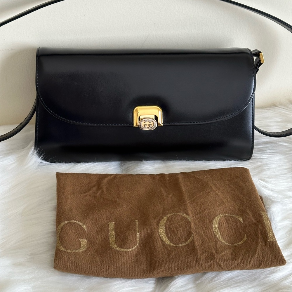 Gucci Black Leather Shoulder Bag with Gold Clasp